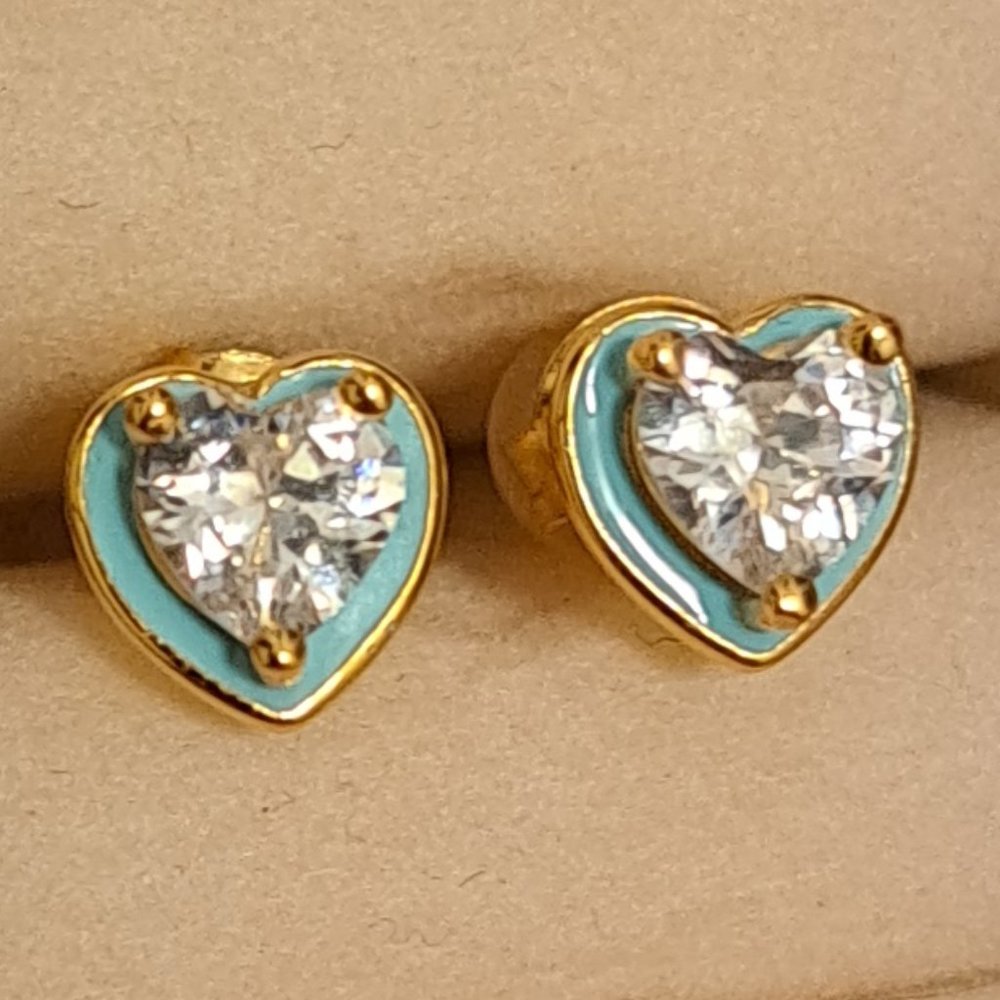 NWOT Blue / Turquoise Gold Plated Faux Diamond Heart Stud Earrings